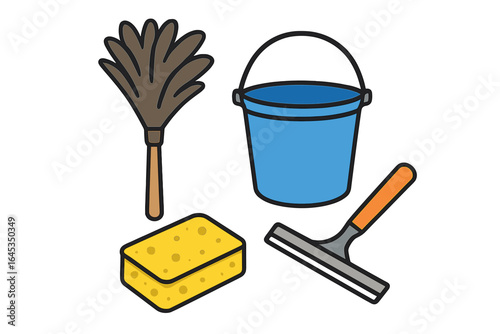 Cleaning tools including a broom, sponge, bucket, and squeegee arranged on a flat surface ready for use
