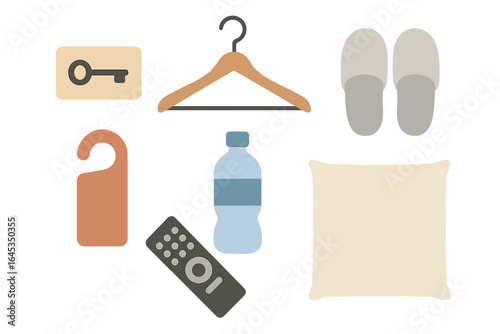 Various hotel room items arranged on a flat surface before check-in during daytime