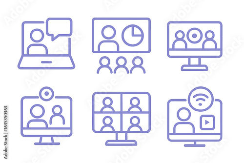 Digital communication symbols representing virtual meetings and online interactions among participants in various formats