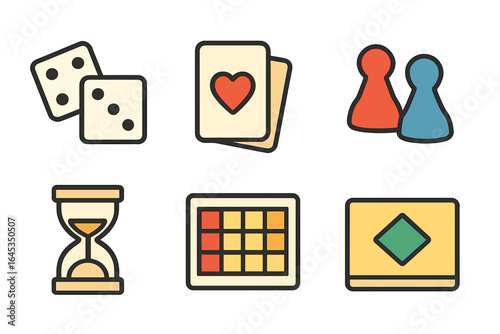 Colorful collection of classic board game pieces and accessories for family game night at home