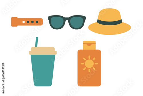 Summer essentials for a day outdoors featuring sunglasses, hat, drink, and sunscreen