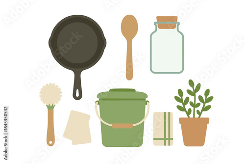 Decorative kitchen utensils and tools arranged on a light background with plants and containers