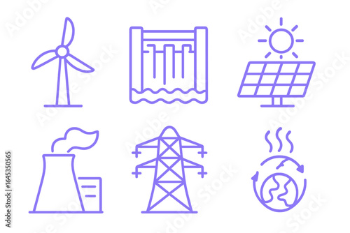 Renewable energy symbols representing wind, solar, hydro, and nuclear power sources with global warming concerns