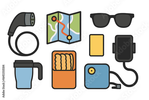 Travel essentials for an outdoor adventure including a map, sunglasses, and a travel mug, all in a colorful design