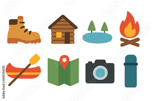 Camping and outdoor adventure icons representing activities and equipment for a fun nature experience