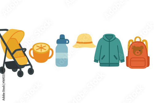 Various items for a day out with children during sunny weather at a park, including stroller and refreshments for hydration