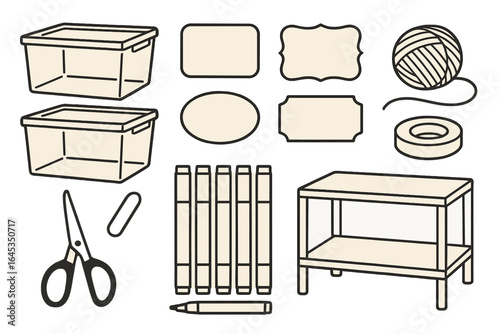 Organizing tools and supplies displayed on a clean workspace for crafting and storage activities at home