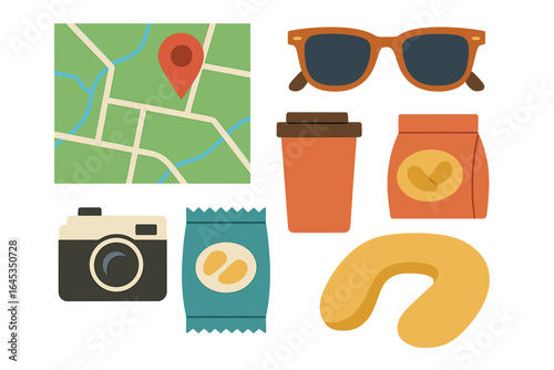 Illustrated travel essentials including coffee, sunglasses, snacks, and a map on a table