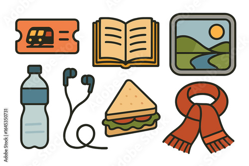 Travel essentials for a day trip including snacks, a book, and a ticket in the morning sun