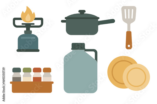 Cooking utensils and supplies arranged on a neutral background for meal preparation and outdoor cooking activities