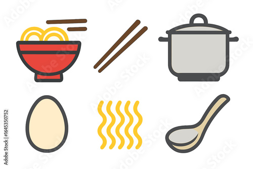 Cooking noodles with ingredients and utensils displayed in a minimalistic design for home meal preparation