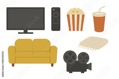 Cozy movie night setup with a sofa, popcorn, and a film projector in a comfortable living room