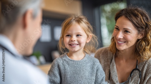 Doctor's visit joyful child with mother in medical office caring environment close-up view