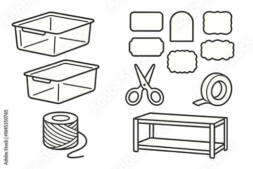 Containers and crafting supplies for organization and storage in a creative workspace
