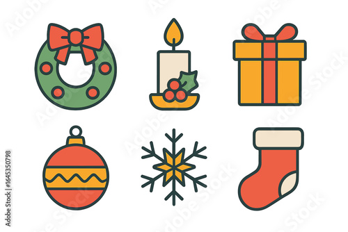 Colorful Christmas decorations including wreath, candle, gift, ornament, snowflake, and stocking arranged together for festive spirit