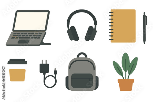 Collection of study essentials featuring a laptop, headphones, notebook, pen, backpack, and a plant