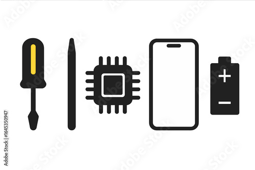 Tools and components for smartphone repair displayed on a white background