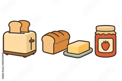 Breakfast essentials including toaster, bread, butter, and jam on a simple white background