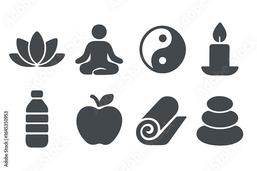 Symbols of wellness and mindfulness featuring yoga, nature, and relaxation elements in a balanced composition