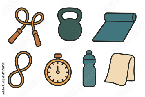Workout equipment collection for fitness activities at home or gym for enhancing strength and endurance