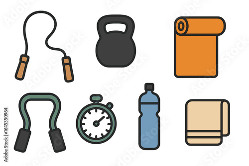 Fitness equipment collection for home workouts including jump rope, kettlebell, yoga mat, and water bottle, suitable for various exercises