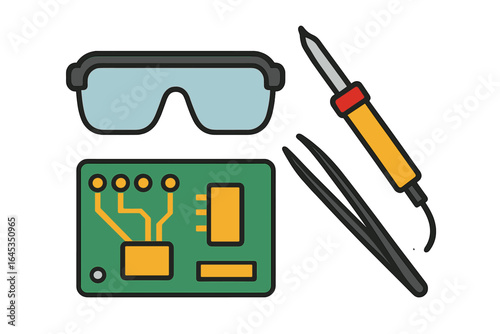 Tools for electronics assembly and repair include circuit board, soldering iron, tweezers, and safety glasses on a flat surface