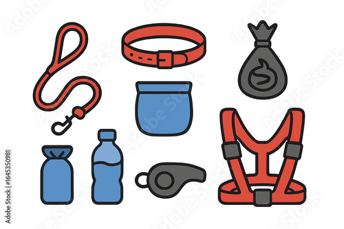 Essential gear for outdoor adventures featuring harnesses, leashes, and hydration supplies suitable for various activities