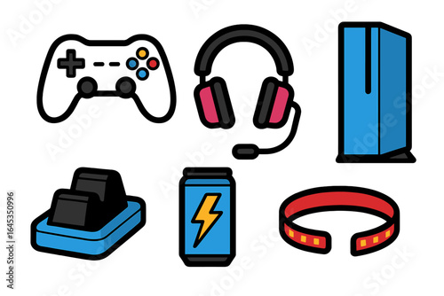 Gaming equipment including controller, headset, console, and accessories on a minimalist background