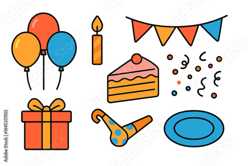 Colorful party decorations with balloons, candles, and cake create a festive atmosphere for celebrations and gatherings