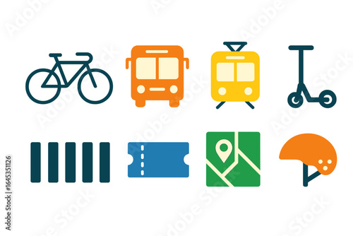 Transportation symbols showing various modes of urban travel including bike, bus, tram, electric scooter, and tickets