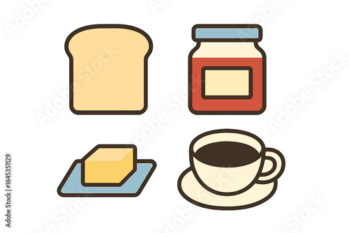 Breakfast components including bread, butter, jam, and coffee cup on a plain background in a minimalistic style