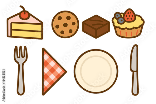 Sweet treats displayed on a table with a fork, knife, and plate ready for dessert enjoyment after a meal