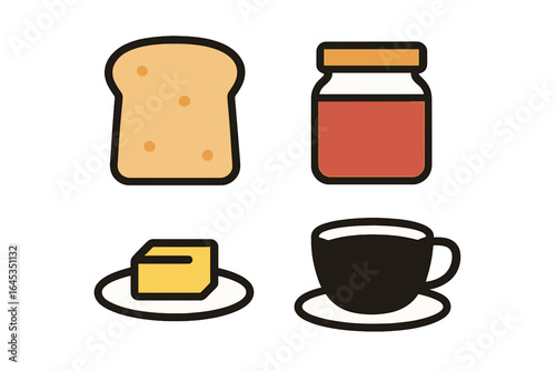Breakfast spread with bread, jam, butter, and coffee on a simple table setting in a cozy kitchen