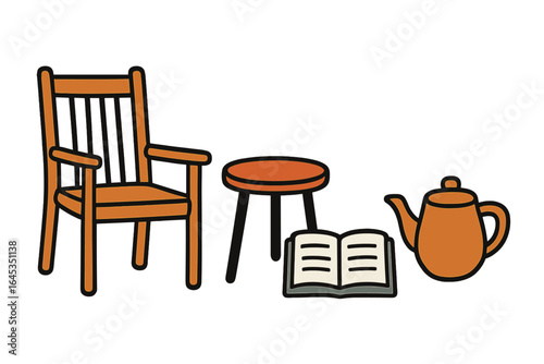 Cozy reading nook with an armchair, table, kettle, and open book perfect for relaxation and leisure time