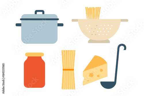 Cooking pasta with ingredients like cheese, tomato sauce, and kitchen utensils on a clean countertop