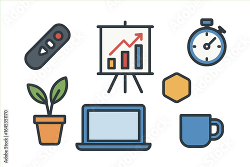 Business presentation tools and symbols in a modern workspace setting during a productive workday