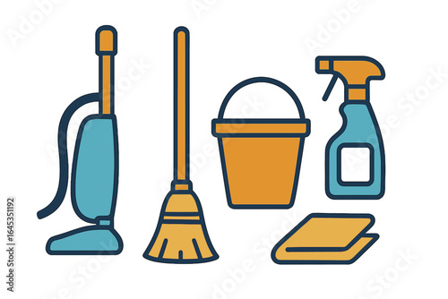 Cleaning tools arranged neatly, showcasing a vacuum, broom, bucket, spray bottle, and cloth in a simple design