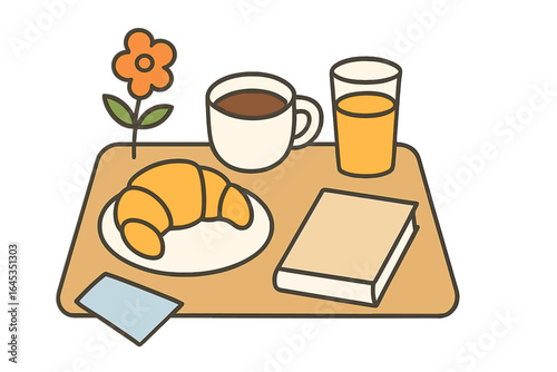 Breakfast tray with croissant, coffee, juice, and a book on a wooden surface with a flower vase