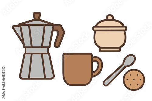Morning coffee setup with a stovetop brewer, cup, sugar bowl, spoon, and cookie on a clean table