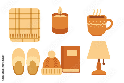 Cozy autumn scene with warm beverages, soft slippers, and a candle glowing in a comfortable room