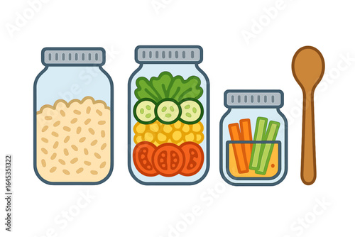 Colorful jars with grains and fresh vegetables arranged on a kitchen countertop