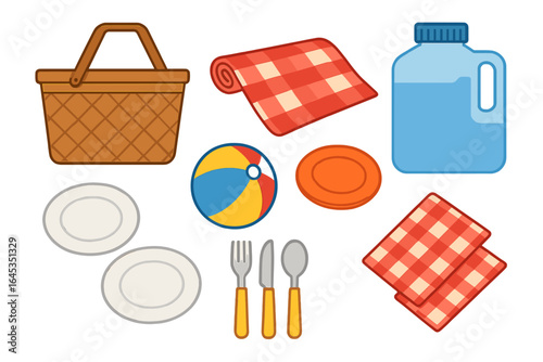 Picnic essentials arranged with a picnic basket, blanket, dishes, utensils, and a beach ball on display