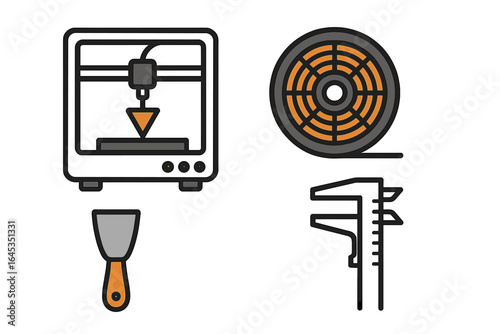 Various tools for 3D printing setup in a workshop environment during daylight hours