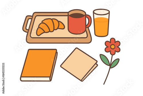 Breakfast arrangement with croissant, coffee, fruit juice, book, and flower on a tray at home