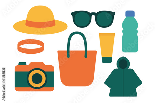 Essential summer travel items including hat, sunglasses, camera, and raincoat in a vibrant design
