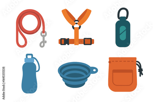 Pet walking equipment including harness, leash, and water bottle displayed on a white background