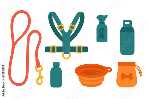 Pet accessories arranged on a flat surface showcasing essential items for dog owners during outdoor activities