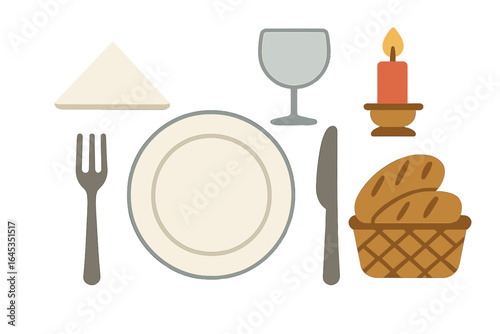 Elegant table setting with plate, utensils, bread, candle, and glass for a cozy dinner at home