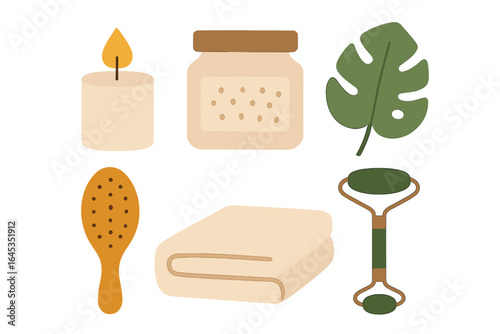 Home spa essentials featuring candle, facial roller, and various self-care items in a calming arrangement