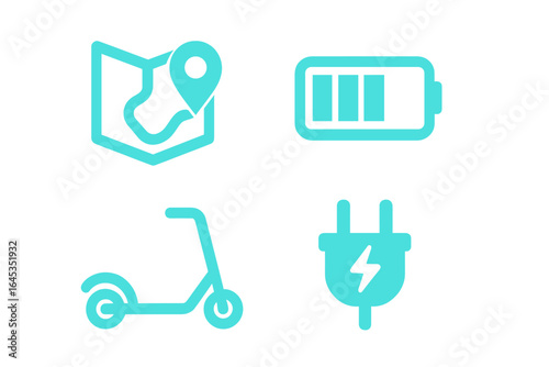 Visual representation of electric scooter travel, battery status, and charging features for urban commuting